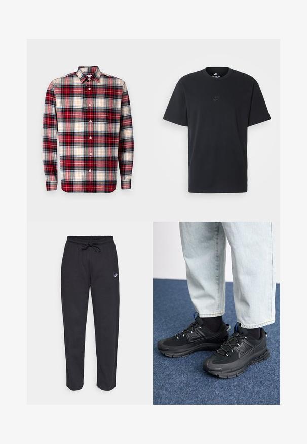 GAP STANDARD - Shirt - multi coloured; Nike black cotton t-shirt with a classic crew neck, short sleeves, and a subtle, embossed logo on the chest. Smooth texture.; Black sweatpants made of soft fabric with an elastic waistband, drawstring, and a small Nike logo on the left thigh.; Black athletic shoes with textured fabric and rubber soles, featuring elastic laces and a blue accent on the heel. Worn with light denim pants.