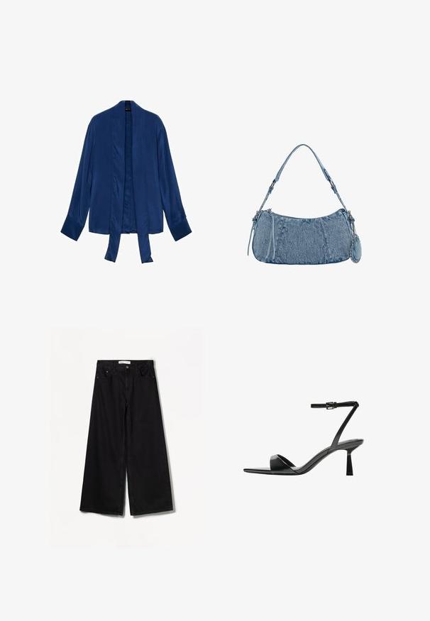 Marineblå satin kimono-jakke med lange ærmer, åben front og bindebånd. Glat tekstur og minimalistisk design uden udsmykninger.; Bershka WIDE-LEG - Wide leg - black; Bershka Højhælede sandaletter / Højhælede sandaler - black; Denim håndtaske med buet form, lyseblå farve, justerbar skulderrem og en lille aftagelig pung med metalliske detaljer.