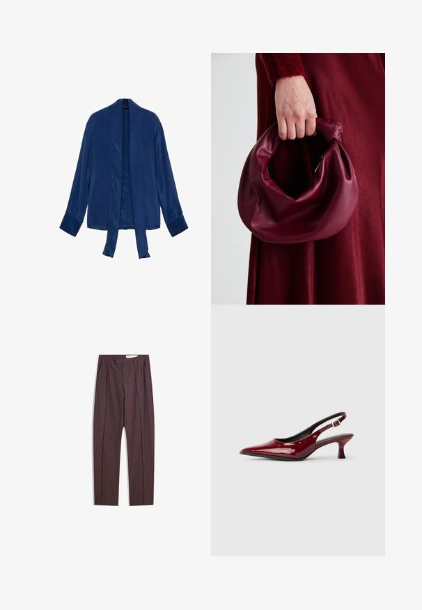Marineblå satin kimono-jakke med lange ærmer, åben front og bindebånd. Glat tekstur og minimalistisk design uden udsmykninger.; Lilla stribede bukser med plisseringer, der har høj talje og lige ben. Fremstillet af et glat, tekstureret stof.; Bordeaux patenteret læder slingback hæle med spids tå og en slank stiletto hæl. Åben rygdesign med justerbar ankelrem.; Bordeaux læderhåndtaske med et blødt, samlet design og en rund form. Håndtaget er sikret og viser en glat tekstur.