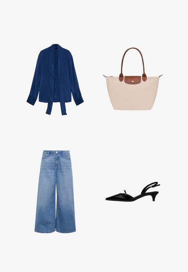 Navy blue satin kimono jacket with long sleeves, open front, and tie closure. Smooth texture and minimal design without embellishments.; Light blue denim culottes with a wide leg design. Five-pocket style, button closure at the waistband, and a smooth texture.; Black slingback shoe with a pointed toe, made of smooth material, featuring a slender heel and a small decorative accent on the strap.; Beige tote bag with smooth fabric, brown leather accents, and a zip closure. Features dual leather handles and a front pocket detail.; Gold abstract sculpture with a smooth, glossy finish. Features flowing curves and a heart-like cutout in the center.