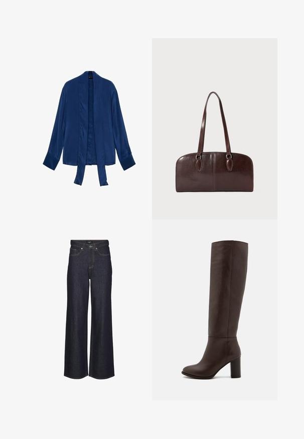 Satin kimono jakna u mornarsko plavoj boji s dugim rukavima, otvorenim prednjim dijelom i vezanjem. Glatka tekstura i minimalni dizajn bez ukrasa.; Traperice s visokim strukom i širokim nogavicama u tamnom denimu. Sadrže klasične šavove, pet džepova i kopčanje na dugme sprijeda.; Smeđe kožne čizme do koljena s blok petom, glatkom teksturom, zaobljenim vrhom i minimalnim detaljima šivanja.; Smeđa kožna torba s dvije duge ručke, strukturiranog pravokutnog oblika, glatke teksture i zaobljenih rubova. Sadrži ukrasne detalje na ručkama.