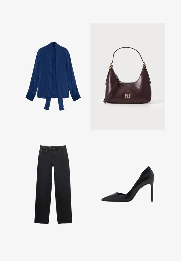 Marinblå satin kimonojacka med långa ärmar, öppen front och knytning. Slät textur och minimalistisk design utan utsmyckningar.; Svarta jeans med vida ben, tillverkade av denim, med fem fickor, knäppning, diskret sömnad och rak skärning från midja till fåll.; Mango Klassiska pumps - black; Burgunderfärgad läderhandväska med en böjd form, guldiga detaljer på spännena och dragkedjestängning. Utrustad med ett avtagbart axelband.