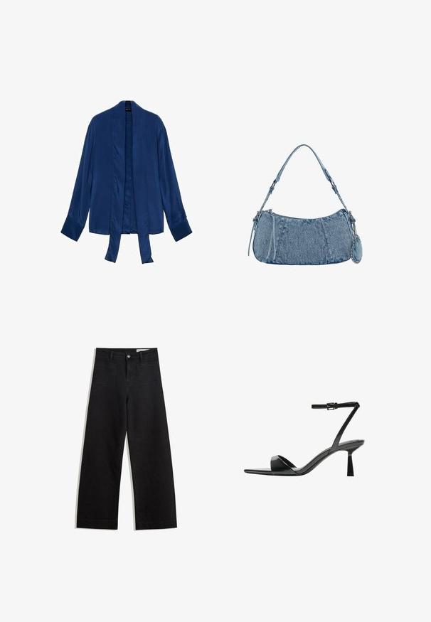 Navy modra satenasta kimono jakna z dolgimi rokavi, odprtim sprednjim delom in zavezanjem. Gladka tekstura in minimalističen dizajn brez okrasnih elementov.; Črne široke denim hlače z visokim pasom, ki imajo sprednje in zadnje žepe, šivane šive ter gumbasto zapiranje. Gladka tekstura.; Bershka Sandali z visoko peto - black; Denim torbica s zakrivljenim oblikom, svetlo modre barve, nastavljivim naramnicam in majhno odstranitveno torbico z metalnimi detajli.