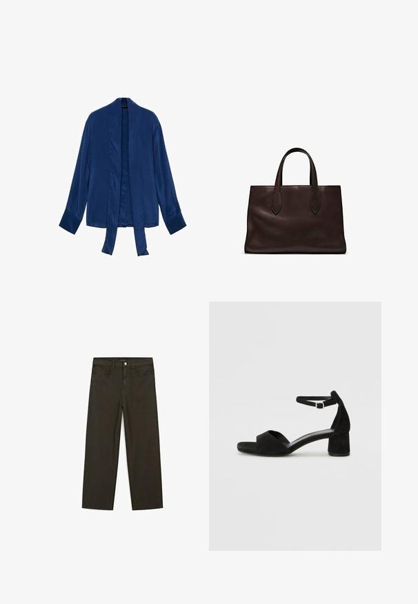 Satin-Kimono-Jacke in Marineblau mit langen Ärmeln, offenem Vorderteil und Bindegurt. Glatte Textur und minimales Design ohne Verzierungen.; Dunkelgrüne Jeans im weit geschnittenen Style, hergestellt aus einem Baumwollgemisch. Sie verfügen über einen Frontknopfverschluss, fünf Taschen und klassische Denim-Nähte.; Schwarze Wildleder-Espadrilles mit einem dünnen Knöchelriemen, offener Zehenpartie und moderatem Blockabsatz. Glatte Textur und minimale Akzente.; Braune Ledertasche mit zwei langen Griffen, strukturierte rechteckige Form, glatte Textur und dezente Nähdetails.