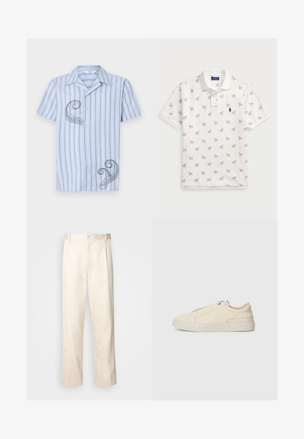 Šviesiai mėlyna, trumpomis rankovėmis marškiniai su juodais aštuonkojo siuvinėjimais kairėje pusėje ir mygtukais priekyje.; Balta polo marškiniai, pagaminti iš medvilnės, su pasikartojančiu mėlynu šunų raštu ir mažuoju mėlynu logotipu ant krūtinės. Trumpomis rankovėmis ir apykakle.; Bežinės medvilninės kelnės su tiesiu kirpimu, turinčios mygtuko uždarymą ir priekyje raukšles papildomai dekoratyviam akcentui.; Kreminio odos sportbačiai su apvaliu nosiu, minimalistiniu dizainu, subtiliomis siuvimo detalėmis ir tekstūrine viršutine dalimi, ant šviesios pado.