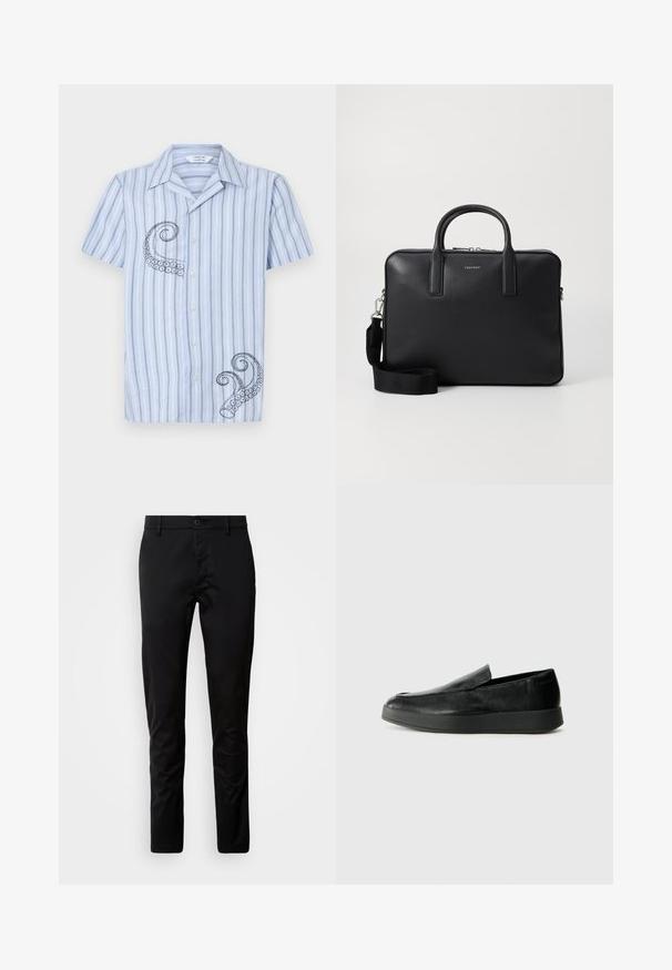 Rövid ujjú, világoskék csíkos ing, fekete polip hímzéssel a bal oldalon és gombos elejű kialakítással.; Fekete, slim fit nadrág, sima szövetből készült. Gombos derékrésszel és egyenes lábakkal rendelkezik.; Calvin Klein HYBRID CUP - Belebújós cipők - triple black; Fekete bőr aktatáska strukturált felülettel, kettős fogantyúval, levehető vállpánttal és elülső logóval. Cipzáras záródás.