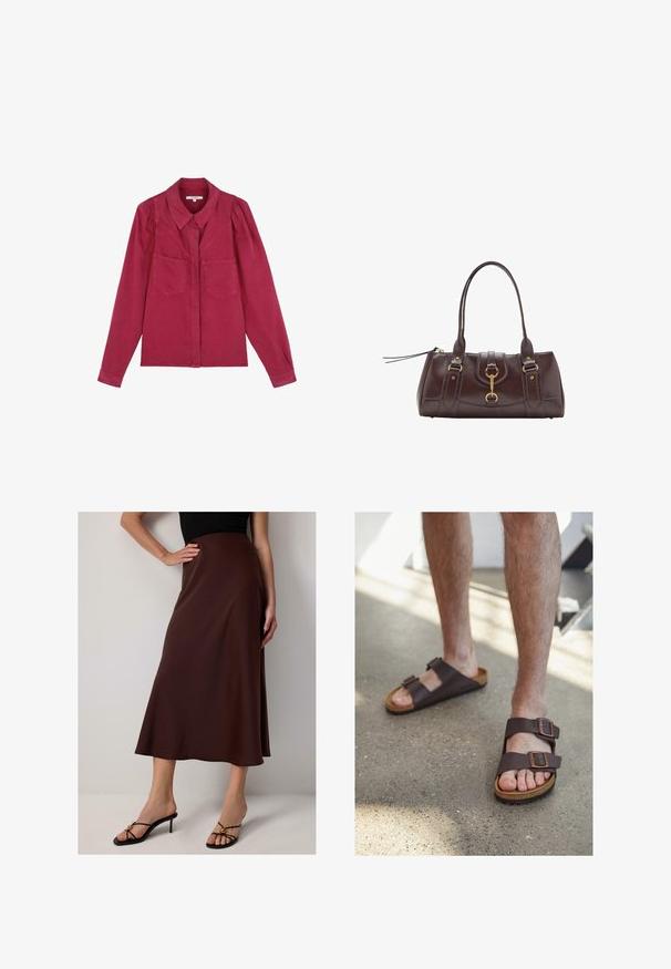 Bordeaux langemouws shirt met een kraag, twee voorzakken en opgeblazen schouders; gemaakt van een zachte katoenmateriaal.; Bruine, knielange satijnen rok met een vloeiende silhouet. Het heeft een gladde textuur en een hoge tailleontwerp, gecombineerd met zwarte hakken.; Bruine leren sandalen met twee verstelbare gespen, kurken voetbed en gestructureerde rubberen zool, gedragen op blote voeten op een betonnen vloer.; Donkerbruine leren handtas met twee bovenhandvatten, vergulde accenten, een sluitingdetail aan de voorkant en gestikte texturen aan de zijkanten.