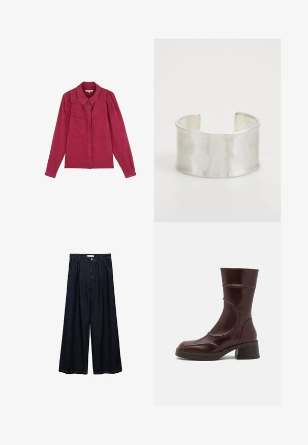 Burgundy pitkähihainen paita, jossa on kauluspääntie, kaksi etutaskua ja puffihihat; valmistettu pehmeästä puuvillamateriaalista.; Vaaleanbeige lyhythihainen neulepaita, jossa on kaula-aukossa roikkuva huivikuvio.; Tummat farkku leveälahkeiset housut korkealla vyötäröllä, joissa on etunapit, kaksi sivutaskua ja ompeluyksityiskohtia.; MIISTA MALENE - Klassiset nilkkurit - brown; Zign Rannekoru - silver-coloured