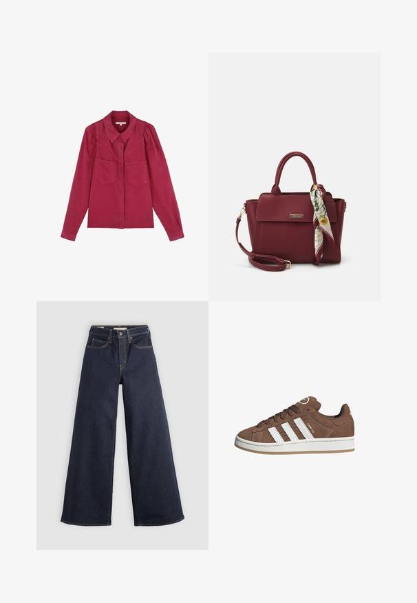 Burgunderfarbendes Langarmshirt mit Kragen, zwei Vorderaschen und gepufften Schultern; aus einem weichen Baumwollmaterial gefertigt.; Helle-bein Jeans aus Denim in Dunkelblau mit Kontrastnähten. Mit traditionellem Fünf-Taschen-Design und einem Knopfverschluss an der Taille.; Braune Wildledersneaker mit weißen Lederstreifen, Gummisohle, gerundetem Zehenbereich und Schnürung. Mit einem Logo auf der Zunge und perforierten Akzenten.; Burgunderfarbene Handtasche aus synthetischem Material mit strukturiertem Design, ausgestattet mit einem abnehmbaren Trageriemen und einem blumenmusternden Schal, der am Griff gebunden ist.