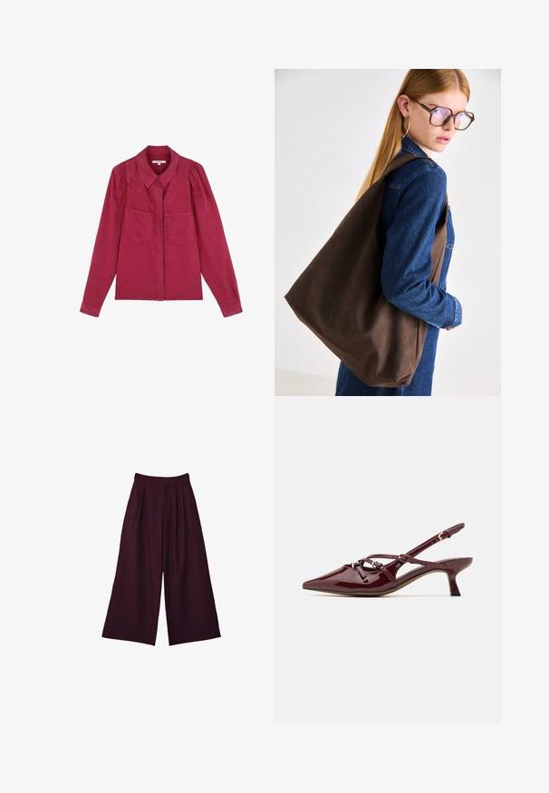 Bordeaux langærmet skjorte med krave, to forlommer og puffede skuldre; lavet af blødt bomuldsstof.; Vide benbukser i dyb burgunderrød stof med læg, høj talje og to sidelommer for både funktionalitet og stil.; Bordeaux patentlæder slingback sko med spids tå, lille hæl, dekorative stropdetaljer og en blank finish.; Brun læder tote taske med en blød tekstur, der har en rummelig design og en enkel skulderrem. Bruges med en blå denimjakke.