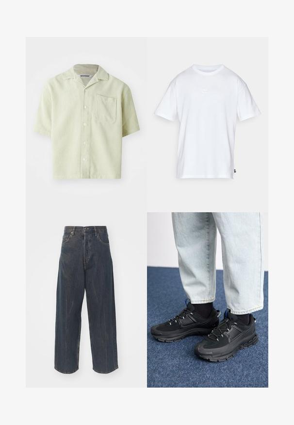 Short-sleeve shirt in light green with pinstripe pattern, single chest pocket, and button front. Made from breathable fabric with a relaxed fit.; White cotton t-shirt with short sleeves and a round neck. Features a small, subtle Nike logo on the chest and a side label.; Wide-leg dark blue denim jeans with subtle distressed texture, five pockets, and a classic button and zipper closure at the waist.; Black athletic shoes with textured fabric and rubber soles, featuring elastic laces and a blue accent on the heel. Worn with light denim pants.