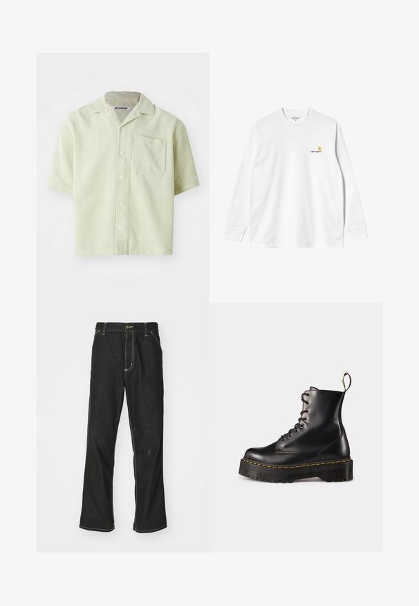 Gaiši zaļš īsām piedurknēm krekls ar svītrains rakstu, viens krūšu kabata un pogu aizdare. Izgatavots no elpojoša auduma ar brīvu piegriezumu.; Gari garām piedurknēm balts kokvilnas T-krekls ar apaļu kakla izgriezumu, ar nelielu dzeltenu un bordo logotipu kreisajā krūtī. Bezšuvju aproces un apakšmala.; Melni džinsi ar brīvu piegriezumu, ar kontrastējošu baltu diegu, pogu aizdari un taisnu kāju dizainu.; Melnas ādas lakotās potītes ar masīvu melnu zoli un dzelteno šuvju. Izvērsta cilpa aizmugurē un apaļie metāla acu caurumi.