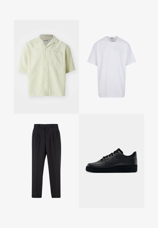 Korte mouwen shirt in lichtgroen met een streepjespatroon, één borstzak en knoopsluiting. Gemaakt van ademende stof met een ontspannen pasvorm.; Witte katoenen t-shirt met korte mouwen, ronde hals, relaxte pasvorm en zonder zichtbare logo's of patronen. Gladde textuur en minimalistisch ontwerp.; Zwarte broek met een geplooid design aan de voorkant, gemaakt van soepel stof. Voorzien van een knoopsluiting en riemlussen; rechte pasvorm.; Zwarte Nike Air Force 1 sneaker met een gladde leren bovenkant, geperforeerde neus voor ademend vermogen, zwarte veters en een getextureerde rubberen zool.