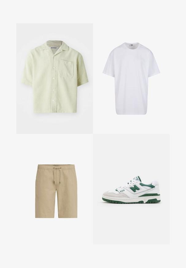 Kortærmet skjorte i lys grøn med stribemønster, enkelt brystlomme og knaplukning foran. Fremstillet af åndbart stof med en afslappet pasform.; Hvid bomulds t-shirt med korte ærmer, rund halsudskæring, afslappet pasform, og ingen synlige logoer eller mønstre. Glat tekstur og minimalistisk design.; Beige shorts lavet af blødt stof, med elastisk talje og snor samt sidelommer, designet med lige snit.; Hvid atletisk sko med grønne detaljer, tekstureret læder og ruskind, perforerede udsmykninger, polstret krave og gummisål. Modelnummer 550.