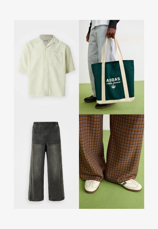 Srajca s kratkimi rokavi v svetlo zeleni barvi s prugastim vzorcem, z enim žepom na prsih in gumbastim zapiranjem. Narejena iz zračnega materiala s sproščenim krojem.; Črne izprane denim hlače z elastičnim pasom in širokimi nogami, z diskretnimi vertikalnimi šivi ob straneh.; Rjave in modre kariraste hlače širokih nogavic, v kombinaciji z belimi čevlji, ki imajo črne poudarke in teksturirane podplate, na zeleni podlagi.; Oseba drži temno zeleno Adidas platneno torbo s svetlobnimi naramnicami in dnom, oblečena v svetlo modre kavbojke in črne čevlje na zeleni tla.