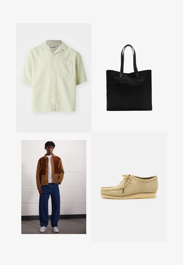 Koszulka krótki rękaw w jasnym zielonym kolorze z paskowanym wzorem, z pojedynczą kieszonką na klatce piersiowej i zapięciem na guziki. Wykonana z oddychającego materiału, w luźnym kroju.; Mężczyzna stojący w pomieszczeniu, ubrany w brązową kurtkę z sztruksu z rdzawej kolorze, białą koszulkę, luźne niebieskie dżinsy oraz białe trampki.; Beżowe zamszowe buty z sznurowaniem, przeszyciami i gumową podeszwą. Kształt jest casualowy z lekkim obcasem na poziomie.; Czarna torba typu tote z dwoma długimi uchwytami, wykonana z gładkiego materiału. Posiada przednią kieszeń i minimalistyczny design. Brak widocznych elementów hardware i wzorów.