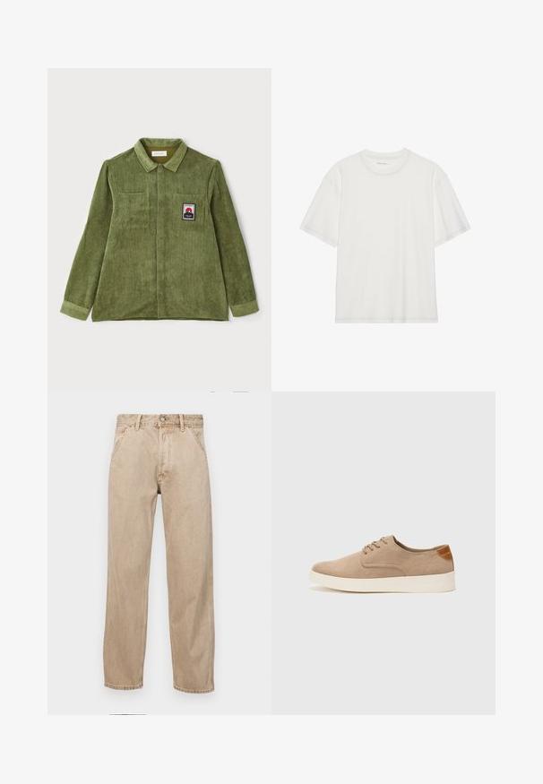 Pier One Skjorte - khaki; Hvit bomulls T-skjorte med korte ermer, rund hals og kontrastfargede sømmer rundt halsen og ermene.; Beige denimjeans med rett ben design, med frontlommer, metallknapplukking og subtil tekstur.; Beige semskinnsko med rund tå, snøring foran og en teksturert bakre aksent. Hvit gummisåle gir kontrast. Enkelt og moderne design.