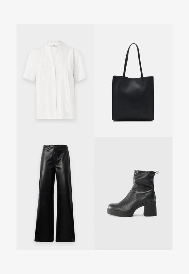 White short-sleeve blouse with a mandarin collar, featuring vertical pintuck detailing and button front closure. Lightweight fabric.; Black high-waist wide-leg faux leather pants with front button, zip closure, belt loops, and side pockets on white background.; Black ankle boots made of smooth leather, featuring a side zipper, chunky textured heel, and rounded toe design.; Black leather tote bag with smooth texture, rectangular shape, and two long handles. No visible hardware or embellishments.