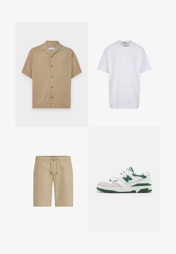 Košulja kratkih rukava od svijetlosmeđeg materijala, s okovratnikom, zatvaranjem na dugmad i glatkom teksturom. Jednostavan dizajn bez uzoraka.; Bijela pamučna majica s kratkim rukavima, zaobljenim izrezom, opuštenog kroja, bez vidljivih logotipa ili uzoraka. Glatka tekstura i minimalni dizajn.; Bež kratke hlače izrađene od mekog materijala, s elastičnim pojasom i vezicom te bočnim džepovima, dizajnirane s ravnim krojem.; Bijela atletska cipela s zelenim akcentima, teksturirana koža i antilop, perforirani detalji, podstavljeni ovratnik i gumeni đon. Model broj 550.