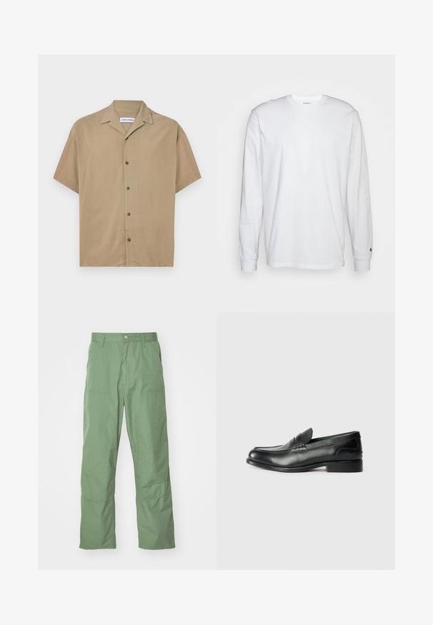 Camicia a maniche corte in tessuto marrone chiaro, con colletto, chiusura con bottoni e una texture liscia. Design semplice senza fantasia.; T-shirt bianca a maniche lunghe realizzata in cotone. Design con collo rotondo, polsini a costine e un piccolo logo sulla manica sinistra. Texture liscia.; Pantaloni verdi chiaro, dal taglio morbido, caratterizzati da una superficie liscia, con tasche laterali e dettagli di cucitura in vista. A lunghezza intera con un design a gamba dritta.; Mocassini in pelle nera con finitura liscia, dettagli cuciti sulla parte superiore e tacco leggermente rialzato.