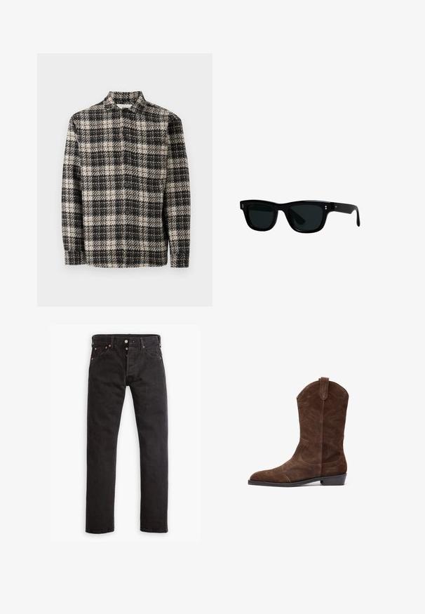 Black and white textured plaid button-up jacket with long sleeves and a collar, laid flat against a plain white background.; Black slim-fit jeans with button fly, five pockets, and copper rivets laid flat on a white background.; Brown suede cowboy boot with a pointed toe, embossed stitching details, and a low stacked heel. Features side pull tabs for easy wear.; Black sunglasses with square frames, dark lenses, and smooth plastic material. Features small, round accents on the front and slender arms.; Brown leather duffel bag with two short handles and an adjustable shoulder strap, shown against a white background.