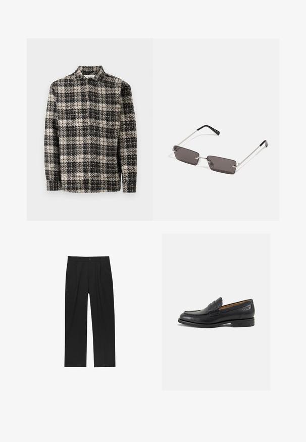 Crno-bijela teksturirana karirana jakna s dugim rukavima i ovratnikom, položena ravno na jednostavnoj bijeloj pozadini.; Crne hlače ravnog kroja, izrađene od glatkog materijala. Imaju prednje nabore i jedan dugme na struku.; Crne kožne loferice s glatkom površinom, zaobljenim vrhom i dekorativnim šavom na gornjem dijelu. Nizak potplat s malim potpeticama i blagi sjaj.; Naočale s pravokutnim, tamnosivim lećama, srebrnim metalnim okvirom i crnim plastičnim vrhovima na ručkama. Lagani dizajn s jastučićima za nos.