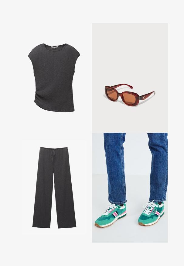 Szürke, rövid ujjú, textúrált, bordás anyagú felső. Ívelt szegéllyel és laza szabással rendelkezik, így alkalmas hétköznapi viseletre.; Sötét szürke, széles szárú nadrág, amelyek textúrált anyagból készültek, rugalmas derékkal és zsinórral. Egyszerű és minimalista dizájn.; Zöld sportcipők fehér és tengerészkék díszítéssel, rózsaszín csíkkal és texturált anyaggal. Fehér fűzőkkel fűzve; gumitalp.; Piros árnyalatú napszemüveg, téglalap alakú kerettel, barna lencsékkel. A jobb szárán egy kis arany logóval van kiemelve.