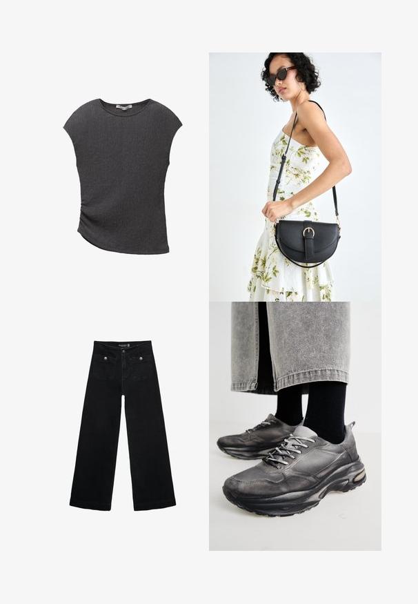 Šedý top s krátkým rukávem z texturovanej ribkované tkaniny. Má zakřivený lem a uvolněný střih, ideální pro volnočasové nošení.; Černé široké džíny s vysokým pasem, obsahující dvě přední kapsy a kovové knoflíkové detaily. Látka má hladkou texturu.; Černé a šedé sportovní boty mají síťovaný svršek, silné podrážky a šněrování. Mají zaoblenou špičku a viditelné polstrování.; Černá kožená kabelka s křivkovým tvarem, odnímatelným popruhem a zlatými detaily. Kabelka má klopu s přezkou.