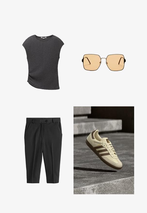 Top grigio a maniche corte in tessuto rientrato e texture. Presenta un orlo curvo e una vestibilità comoda, adatto per un abbigliamento casual.; Pantaloni neri su misura con pieghe frontali, chiusura a bottone e tasche laterali. Tessuto liscio con lunghezza cropped e silhouette slanciata.; Scarpa da ginnastica color crema con accenti marroni, strisce laterali texturizzate e finitura in pelle liscia. Presenta una chiusura con lacci e suola in gomma.; Occhiali da sole quadrati con lenti marroni e una sottile montatura in metallo nero. Presentano tempie angolari e naselli regolabili per il massimo comfort.