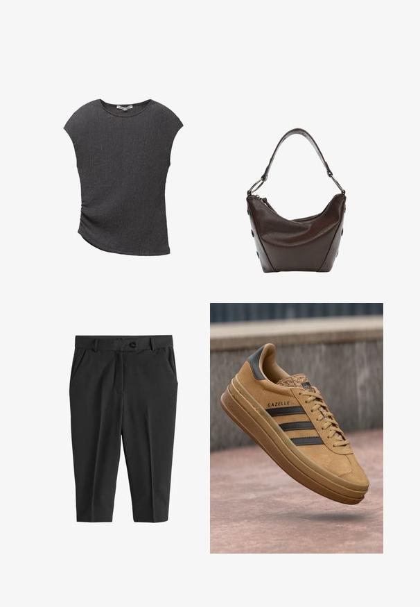 Top grigio a maniche corte in tessuto rientrato e texture. Presenta un orlo curvo e una vestibilità comoda, adatto per un abbigliamento casual.; Pantaloni neri su misura con pieghe frontali, chiusura a bottone e tasche laterali. Tessuto liscio con lunghezza cropped e silhouette slanciata.; Sneakers in camoscio beige con texture liscia, caratterizzati da tre strisce scure, punta arrotondata e suola più spessa con un bordo decorato.; Borsa in pelle marrone scuro con forma curvata, chiusura con zip e manico corto. Caratterizzata da hardware in metallo e bottoni neri decorativi sul lato.