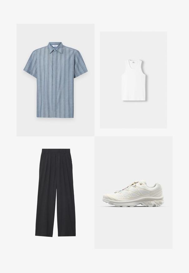 Rövidujjú, színes galléros ing világoskék anyagból, függőleges csíkokkal. Texturált mintázattal és egyenes alsó résszel rendelkezik.; Fehér pamut ujjatlan felső kerek nyakkivágással, széles vállpántokkal és egyenes szegéllyel, sima textúrával, látható minták nélkül.; Sötétszürke anyagból készült, bő szárú nadrág. Ráncokkal a deréknál, elegáns fazonnal és egyenes sziluettel rendelkezik.; Fehér futócipő légáteresztő hálós felsőrésszel, texturált részletekkel és párnázott talppal. Gyorsfűzős rendszerrel rendelkezik a könnyű illeszkedés érdekében.