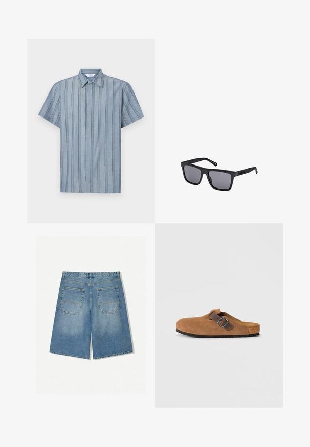 Kratka majica s ovratnikom iz svijetloplavog materijala s vertikalnim prugama. Ima teksturirani uzorak i ravni rub.; Črna polo majica s kratkimi rokavi, ki vključuje teksturiran pleten vzorec, tri gumbe in klasično obliko ovratnika.; Denim kratke hlače v svetlo modri barvi s sproščenim krojem, ki imajo dve zadnji žepu in vidne šive. Tkanina ima mehak in gladek teksturo.; Rjave zamšene klompe z nastavljivim rjavim usnjenim trakom in srebrno zaponko, ki imajo oblikovano pluto podplata in teksturiran gumijast podplat.; Črne pravokotne sončne očala z temnimi lečami, mat finišem in logotipom na nosilcu. Oblikovanje vključuje ravne robove in debele okvirje.