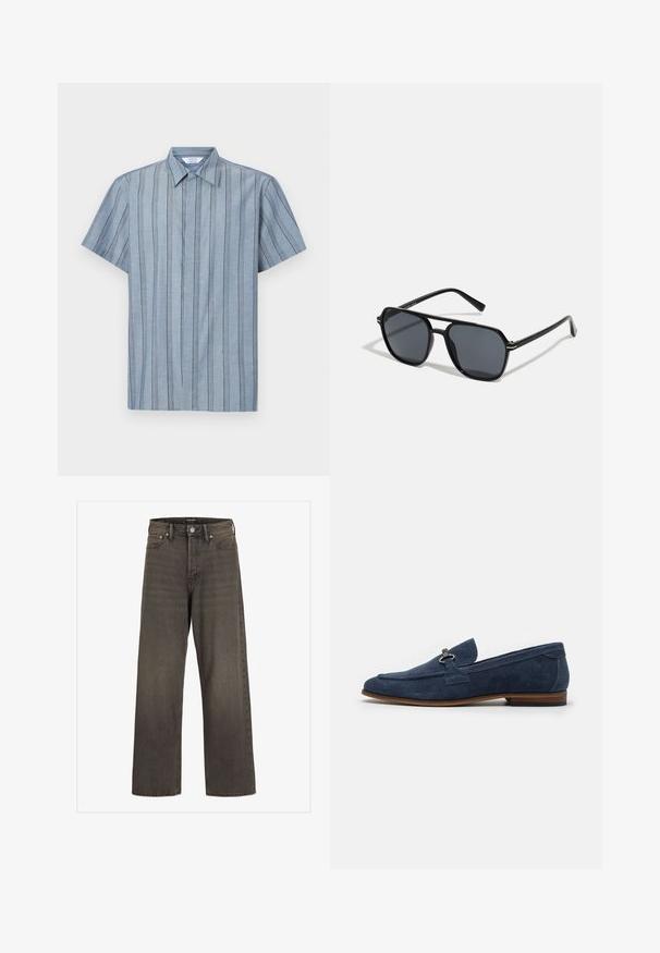 Šviesiai mėlynos spalvos trumpų rankovių marškiniai su apykakle, pasižymintys vertikaliomis juostelėmis. Turi tekstūruotą raštą ir tiesų apdailą.; Plati kojinės džinsai tamsiai pilkos spalvos džinsinio audinio, su aukštu liemeniu, klasikinio penkių kišenių dizainu ir kontrastinga siuvimo linija siūlėse.; Tamsiai mėlyni suede loafer tipo batai su apvaliu nosiu, maža dekoratyvine detalė ir kontrastuojančiu rudos spalvos padu. Lygus tekstūra su subtiliais siuvinėjimo akcentais.; Juodos akiniai nuo saulės su aštuonkampiu rėmeliu, tamsiais objektyvais, blizgiu paviršiumi, plonomis šakutėmis ir auksinėmis akcentais priekyje.