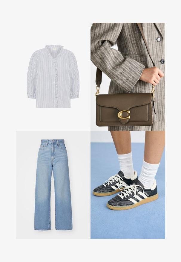 Kaffe OSITA - Blūze - white black oxford stripe; Gaiši zili augstās jostas vidukļa platās bikses ar priekšējo pogu un rāvējslēdzēju, priekšējām un aizmugurējām kabatām uz baltā fona.; Melnas ādas sporta apavus ar baltām svītrām, apaļu purngalu, baltām auklām un gumijas zoli. Izceļas ar mīksto apkakli un zīmola detaļām.; COACH TABBY SHOULDER BAG 26 - Rokassoma - dark stone; Zelta gredzenveida auskars ar noapaļotu, nedaudz teksturētu dizainu, uzspiests uz kreisās auss, pret tumšiem matiem un melnu apģērbu.