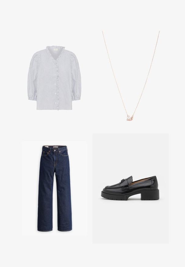 Kaffe OSITA - Bluza - white black oxford stripe; Temno modri kavbojasti jeans ravnega kroja s petimi žepi, oranžnim šivanjem in zapiranjem na gumb.; Črne usnjene loafer čevlje z nizko blok peto, zaobljenim nosom, okrasnim trakom in teksturiranim šivom na zgornjem delu. Gladek zaključek.; Ogrlica v rožnato zlato z obeskom v obliki laboda, okrašena s prozornimi kristali. Veriga ima občutljiv dizajn povezav.