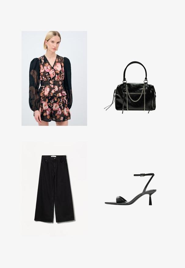 Kukallinen mekko puffi hihoilla, musta tausta, vaaleanpunaisia ja ruskeita kuvioita, nappi yksityiskohta ja röyhelöhelma. Valmistettu kevyestä kankaasta.; Bershka WIDE-LEG - Leveälahkeiset - black; Bershka Korolliset sandaalit - black; Bershka WITH CHAIN - Käsilaukku - black