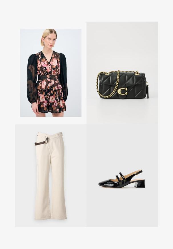 Blomsterkjole med puffede ærmer, sort baggrund, pink og brune mønstre, knapdetalje og en bølget kant. Lavet af let stof.; Pinko PAINT PANTALONE - Bukser - beige betulla; Sorte patentlæder slingback sko med spids tå, to stropdetaljer, gyldne cirkulære accenter og en lav blokhæl.; Sort quiltet læder håndtaske med en guldkæde skulderrem og en drejeklap med et cirkulært dekorativt element. Kompakt rektangulær facon.