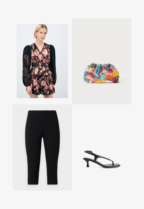 Bloemrijke jurk met geplooide mouwen, zwarte achtergrond, roze en bruine patronen, knoopdetail en een gerimpelde zoom. Gemaakt van een lichtgewicht stof.; Zwarte capri leggings gemaakt van rekbaar materiaal, met een aansluitende pasvorm en een gladde textuur, zonder opvallende patronen of accenten.; Zwarte leren sandaal met een slank ontwerp, dunne banden en een kleine hak. Bevat een gespaccent en een gladde, gestructureerde zool.; Kleurrijke geweven clutchbag met verschillende patronen in roze, blauw, groen en geel, met textuurelementen en decoratieve accenten.