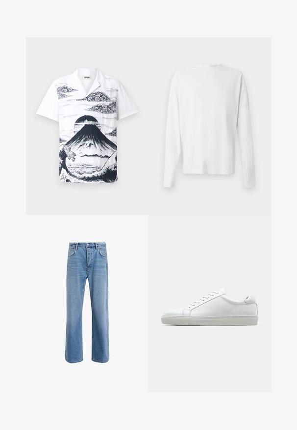 Camisa blanca de manga corta con una ilustración negra del Monte Fuji, adornada con nubes y olas. Fabricada con una tela ligera y de corte relajado.; Camisa de algodón blanca de manga larga con cuello redondo, aberturas laterales en la parte inferior y una textura suave, exhibida desde la parte de atrás.; Jeans de mezclilla azul claro con un diseño de pierna recta, cinco bolsillos, cierre de botón, ligeramente desgastados y detalles de costura en contraste.; Zapatilla blanca con parte superior de cuero liso y perfil bajo. Presenta una puntera redondeada, seis ojales y una suela de goma texturizada.