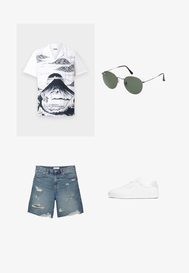 Wit shirt met korte mouwen, voorzien van een zwarte illustratie van de Mount Fuji, met wolken en golven. Gemaakt van lichtgewicht stof met een ontspannen pasvorm.; Leren korte broek in lichtblauw met versleten plekken. Voorzien van een standaard tailleband, ongeveer knie-lengte en onafgewerkte zoomranden.; Witte sneaker met een glad leren bovenwerk, ronde neus, platte zool en een minimalistisch ontwerp. Voorzien van subtiele branding en een beige accent op de hak.; Metalen zonnebril met ovale groene lenzen. Dunne zilveren metalen rand en zwarte oorstoppers. Minimalistisch ontwerp, zonder zichtbare logo's.