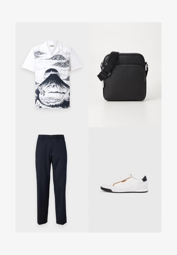 Wit shirt met korte mouwen, voorzien van een zwarte illustratie van de Mount Fuji, met wolken en golven. Gemaakt van lichtgewicht stof met een ontspannen pasvorm.; Marineblauwe broek van gladde stof, met een knoop aan de voorkant, recht model en zijzakken. Geen patronen of versieringen zichtbaar.; Witte sportieve schoenen met gaas- en lederen accenten. Voorzien van een gouden "BOSS" logo, gestructureerde zijpanelen en een zwarte hakkap. Rubberen zool.; Zwarte leren schoudertas met een gestructureerd oppervlak, voorzien van een voorzak met rits, een verstelbare schouderband en metalen accenten.