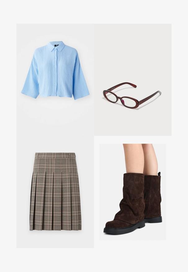 Jasnoniebieska, teksturowana, skrócona koszula z guzikami z przodu, kołnierzykiem i szerokimi rękawami. Posiada sześć pasujących guzików z przodu.; Szara spódnica w kratę z plisami, z miksu ciemnych i jasnych odcieni oraz subtelnymi różowymi liniami. Uszyta z teksturowanej tkaniny z elastycznym pasem.; Brązowe zamszowe botki do połowy łydki z czarnymi gumowymi podeszwami noszone na nagich nogach, z lekkim marszczeniem na cholewkach.; Owalne czerwone okulary przeciwsłoneczne z przezroczystymi soczewkami i eleganckimi brązowymi oprawkami. Projekt charakteryzuje się subtelnymi krzywiznami i minimalną ilością elementów metalowych.