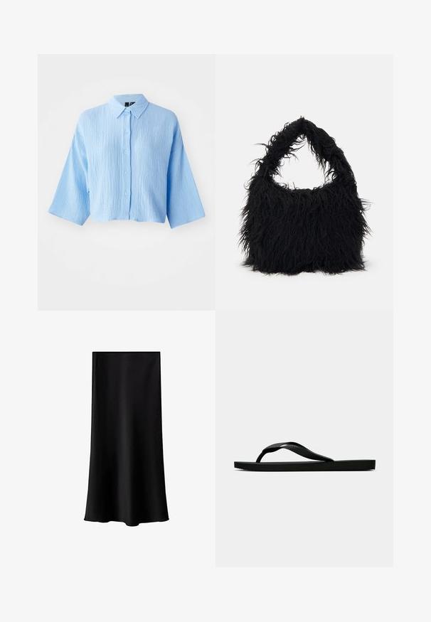 Svetlomodrá textúrovaná skrátená košeľa s predným zapínaním na gombíky, golierom a širokými rukávmi. Obsahuje šesť zladených gombíkov na prednej strane.; Čierna midi sukňa vyrobená z hladkého, ľahkého materiálu. Má rovný strih, žiadne viditeľné kovanie a jednoduchý dizajn bez vzorov.; Čierne gumené žabky s textúrovaným popruhom a jednoduchou plochou podrážkou, zobrazené z boku na jednofarebnom svetlom pozadí.; Even&Odd Veľká kabelka - black