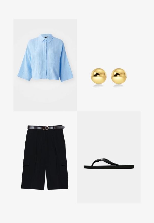 Camicetta cropped azzurro chiaro, con texture, davanti con bottoni, colletto e maniche ampie. Presenta sei bottoni abbinati sulla parte anteriore.; Pantaloni cargo neri realizzati in tessuto leggero, con taglio dritto, tasche laterali e una cintura in pelle marrone con fibbia argentata.; Infradito in gomma nera con cinturino testurizzato e suola piatta semplice, mostrati di lato su uno sfondo chiaro e uniforme.; Orecchini sferici color oro con una superficie lucida e riflettente. Il design è semplice e liscio, creando un aspetto moderno e minimalista.