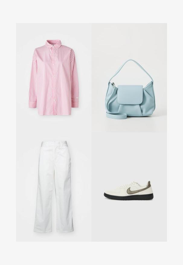 Prugasta košulja s dugim rukavima, koja ima vertikalne ružičaste i bijele pruge, manžetama i klasičnom ovratniku. Izrađena od lagane tkanine.; Bijele hlače širokih nogavica napravljene od pamuka, s glatkom teksturom, ravnim krojem, prednjim džepovima i čistim rubom.; Nike Sportswear FIELD GENERAL - Tenisice - off-white/black; Svijetloplava kožna torba s gornjom drškom, prednjim džepom s preklopom i odvojivom narukvicom na bijeloj pozadini.