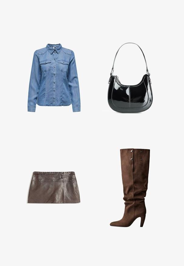 Denim košulja u svijetloplavoj boji, s kragnom, dugim rukavima, dva špica na prsima i srebrnim dugmadi na prednjem dijelu. Glatka tekstura.; Smeđa kožna mini suknja s potpunim pojasom ukrašenim nitnama i prostoru za remen s kopčom, glatke teksture i elegantnog, ravnog dizajna.; Smešane smešane ove čizmama od smeđe zamšene do koljena s uskim potplatom i ušiljenim vrhom. Ima dva srebrna dugmeta na snap i gornji dio s naborima.; Crna patentna kožna torba s zakrivljenim dizajnom, zatvaranjem na zip, i jednim remenom za rame s srebrnim hardverom i ukrasnim šavovima.