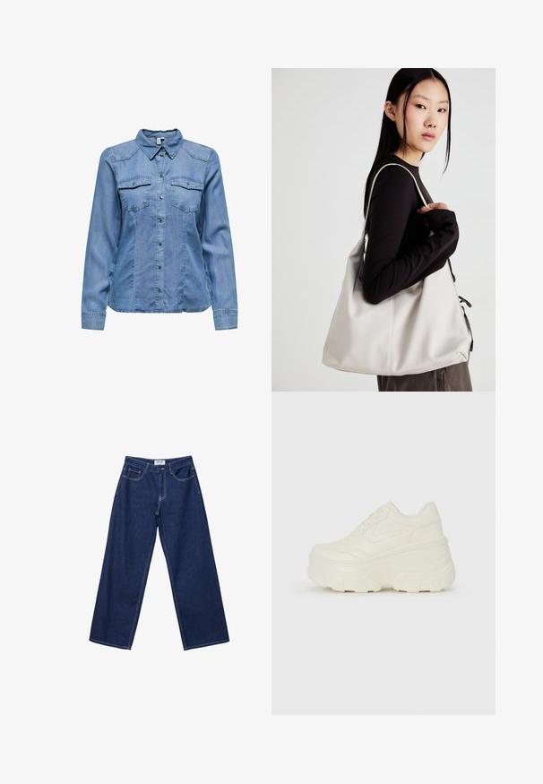 Camicia di denim blu chiaro, con colletto, maniche lunghe, due tasche sul petto e bottoni a pressione argentati lungo la parte anteriore. Texture liscia.; Jeans in denim blu scuro a gamba larga con chiusura a bottone, cinque tasche e cuciture bianche a contrasto. Il tessuto ha una finitura liscia e leggermente texturizzata.; Sneakers bianchi con piattaforma, caratterizzati da una parte superiore simile alla pelle liscia, forma arrotondata, collo imbottito e suola in gomma testurizzata con scanalature ben definite.; Borsa a mano beige realizzata in materiale morbido, caratterizzata da un design morbido, dettagli cuciti e due manici. Adatta per l'uso quotidiano.