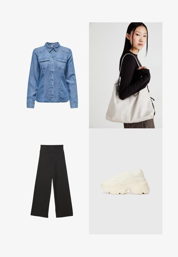 Camicia di denim blu chiaro, con colletto, maniche lunghe, due tasche sul petto e bottoni a pressione argentati lungo la parte anteriore. Texture liscia.; Pantaloni neri a gamba larga con vita elastica alta, in tessuto morbido e vestibilità ampia, adatti per l'abbigliamento casual o ambienti rilassati.; Sneakers bianchi chunky realizzati in mesh testurizzato e materiali sintetici, dotati di una suola spessa e dettagli con motivi intricati lungo i lati.; Borsa a mano beige realizzata in materiale morbido, caratterizzata da un design morbido, dettagli cuciti e due manici. Adatta per l'uso quotidiano.