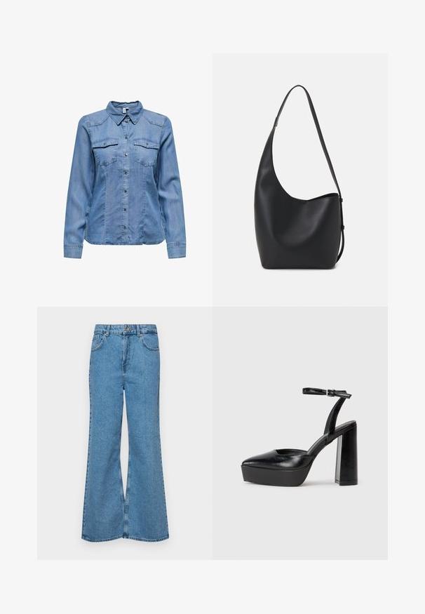 Denim shirt in light blue, featuring a collar, long sleeves, two chest pockets, and silver snap buttons along the front. Smooth texture.; Light blue flared jeans made of denim, featuring a high waist, five pockets, and a single button closure. Soft texture with faded finish.; Black platform heels with a pointed toe and adjustable ankle strap. Constructed from smooth leather, featuring a chunky block heel.; Black leather hobo bag with a smooth texture, curved shape, and single adjustable strap; features a wide opening at the top.