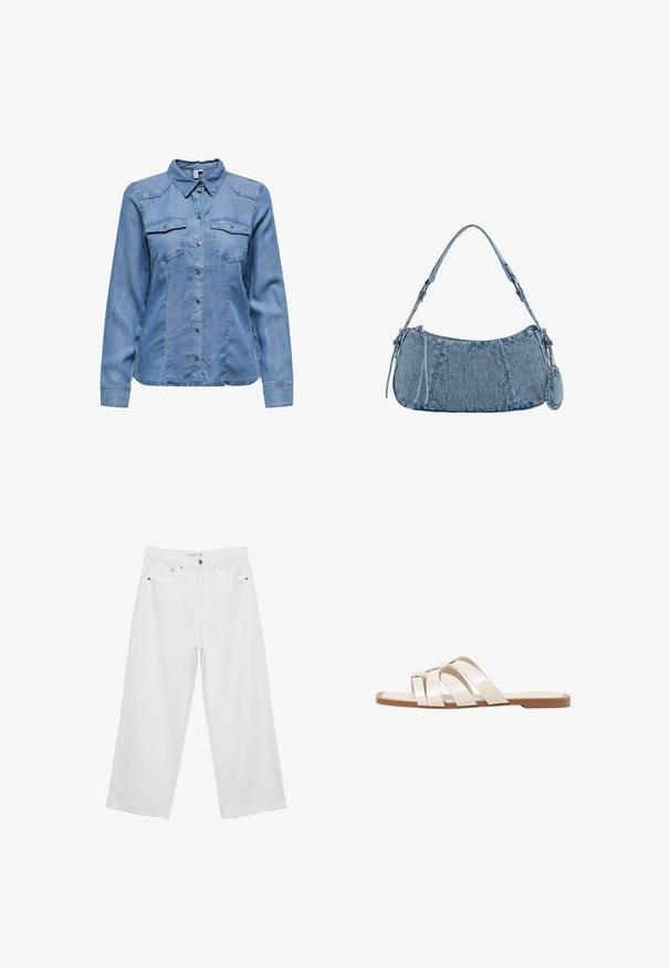 Die bitte Hemd in Hellblau, mit Kragen, langen Ärmeln, zwei Brusttaschen und silbernen Druckknöpfen auf der Vorderseite. Glatte Textur.; Weiße Jeans im weit geschnittenen Design aus Denim mit hoher Taille, ausgestattet mit fünf Taschen und Metallbeschlägen. Glatte Textur, keine sichtbaren Muster.; Flache Sandalen mit einer honigfarbenen Gummisohle, gestaltet mit drei überlappenden weißen Lederriemen und einem kleinen Schleifendetail in der Mitte.; Denim-Handtasche mit geschwungener Form, hellblauer Farbe, verstellbarem Schultergurt und einem kleinen abnehmbaren Täschchen mit metallischen Akzenten.